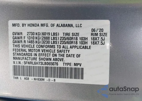 2020 Honda Odyssey Ex-L/Ex-L W/Navi Res from USA, damaged, VIN 5FNRL6H73LB065076